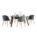 Folia-fran Dining Set - 5 Piece - Walnut Wood, Clear Glass, Sage Green Velvet, Gold Metal