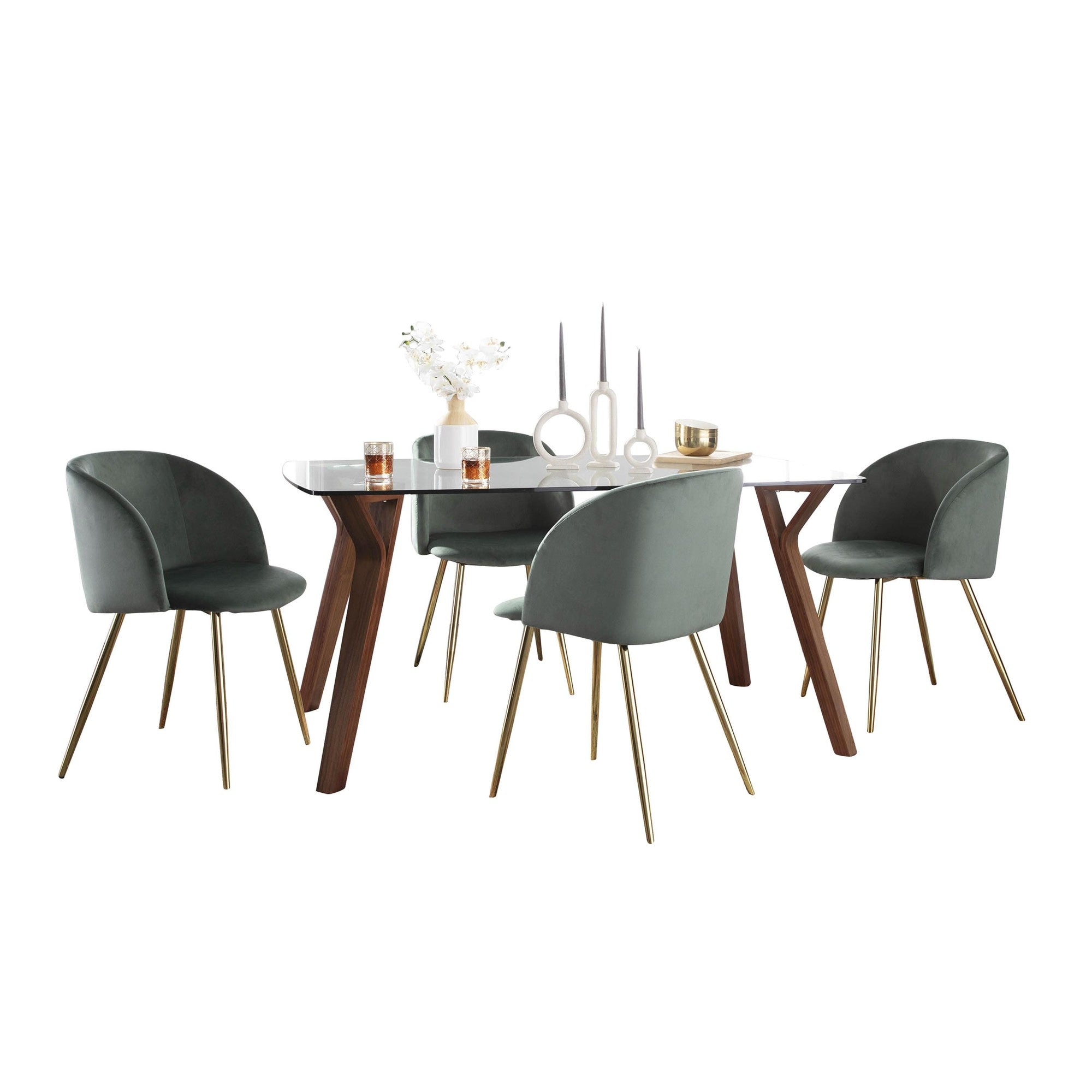 Folia-fran Dining Set - 5 Piece - Walnut Wood, Clear Glass, Sage Green Velvet, Gold Metal
