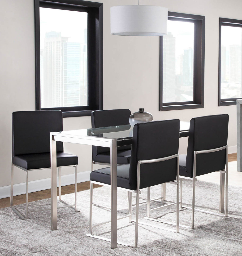 Fuji High Back Dining Set - 5 Piece - Brushed Stainless Steel, Clear Glass, Black PU