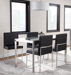 Fuji High Back Dining Set - 5 Piece - Brushed Stainless Steel, Clear Glass, Black PU