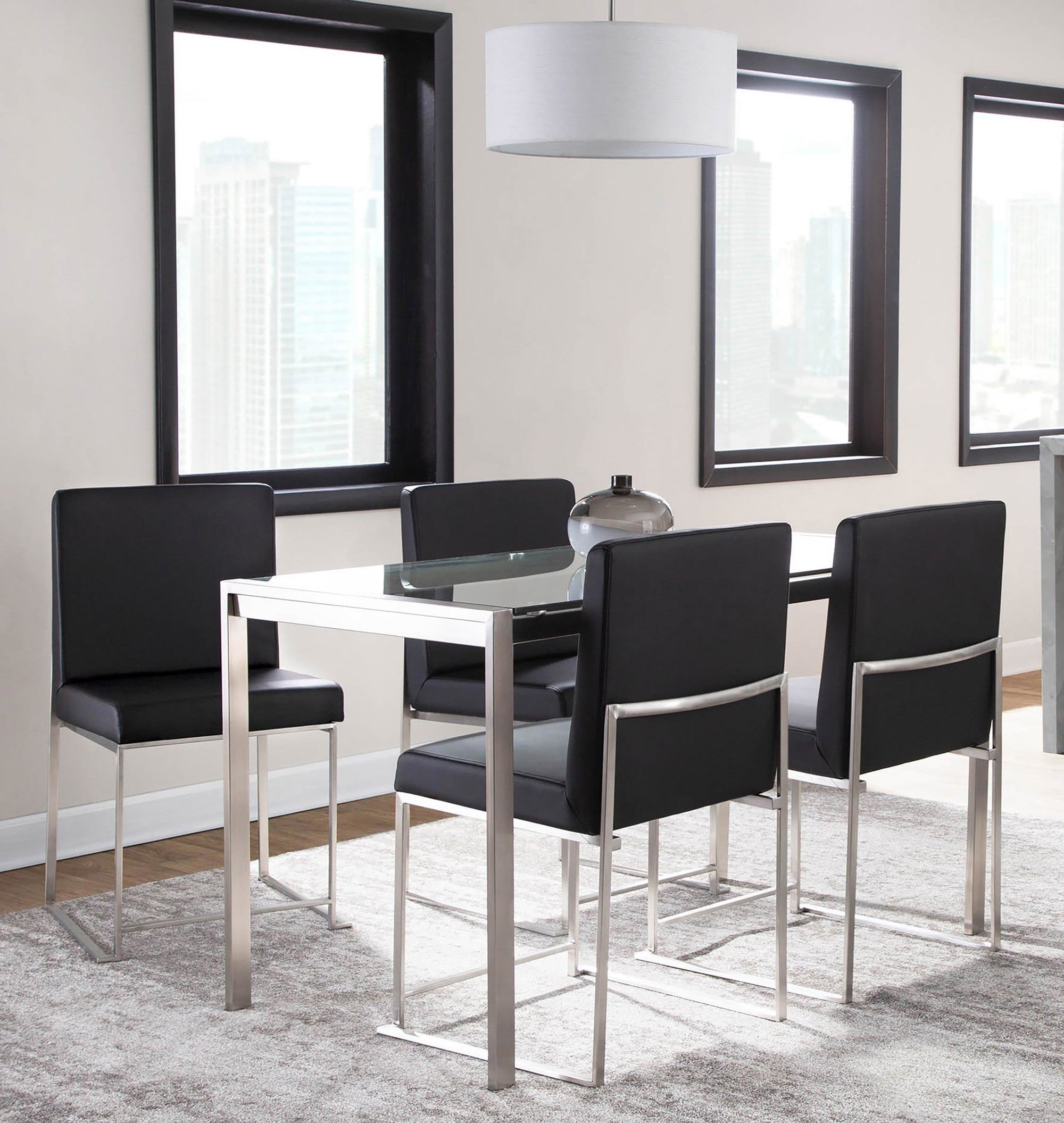 Fuji High Back Dining Set - 5 Piece - Brushed Stainless Steel, Clear Glass, Black PU