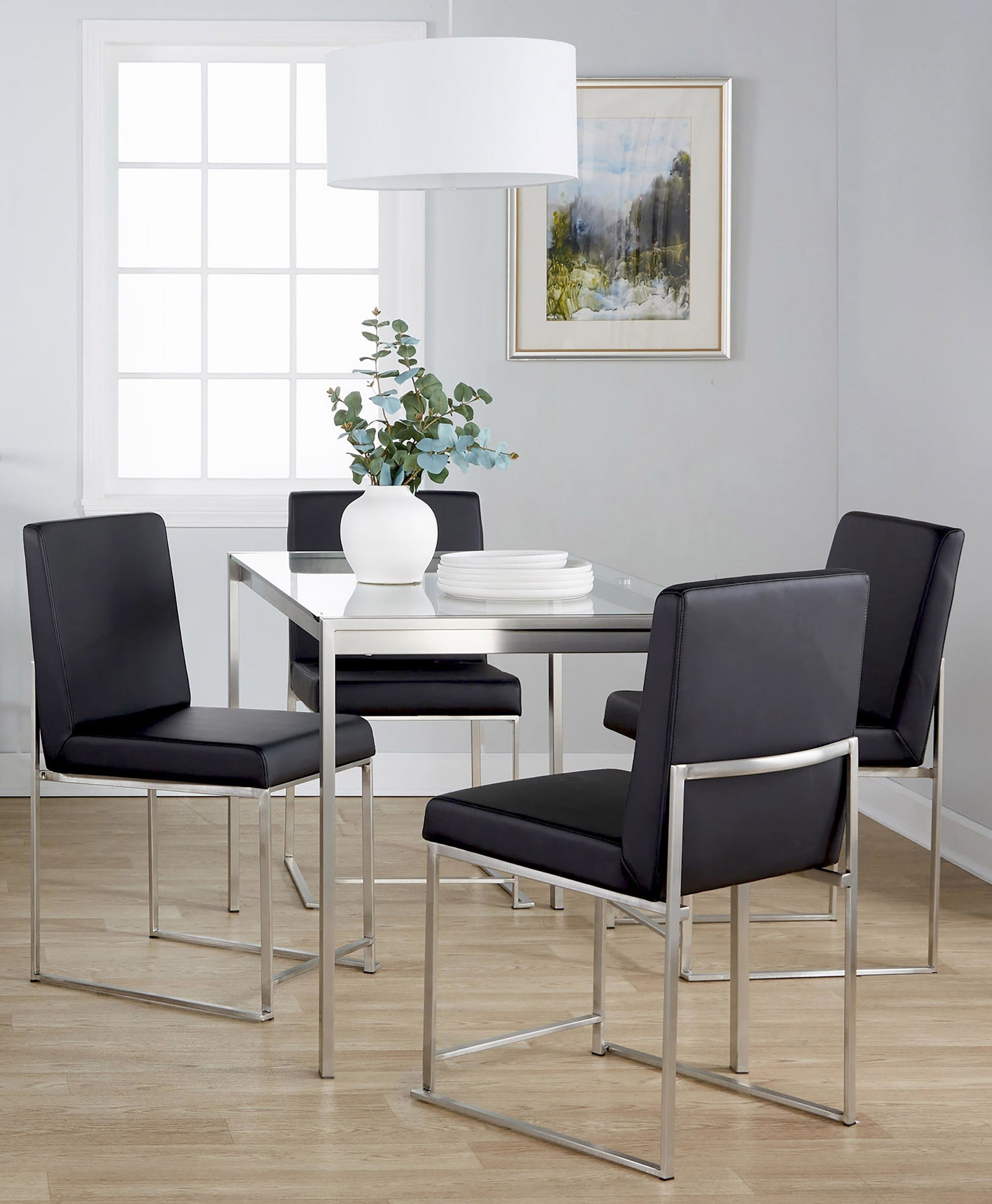 Fuji High Back Dining Set - 5 Piece - Brushed Stainless Steel, Clear Glass, Black PU