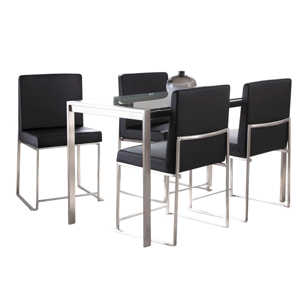 Fuji High Back Dining Set - 5 Piece - Brushed Stainless Steel, Clear Glass, Black PU