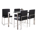Fuji High Back Dining Set - 5 Piece - Brushed Stainless Steel, Clear Glass, Black PU
