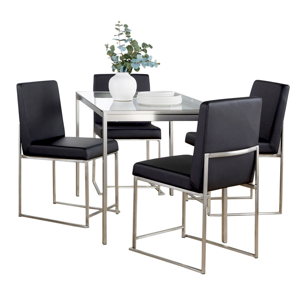 Fuji High Back Dining Set - 5 Piece - Brushed Stainless Steel, Clear Glass, Black PU