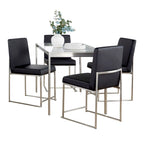 Fuji High Back Dining Set - 5 Piece - Brushed Stainless Steel, Clear Glass, Black PU