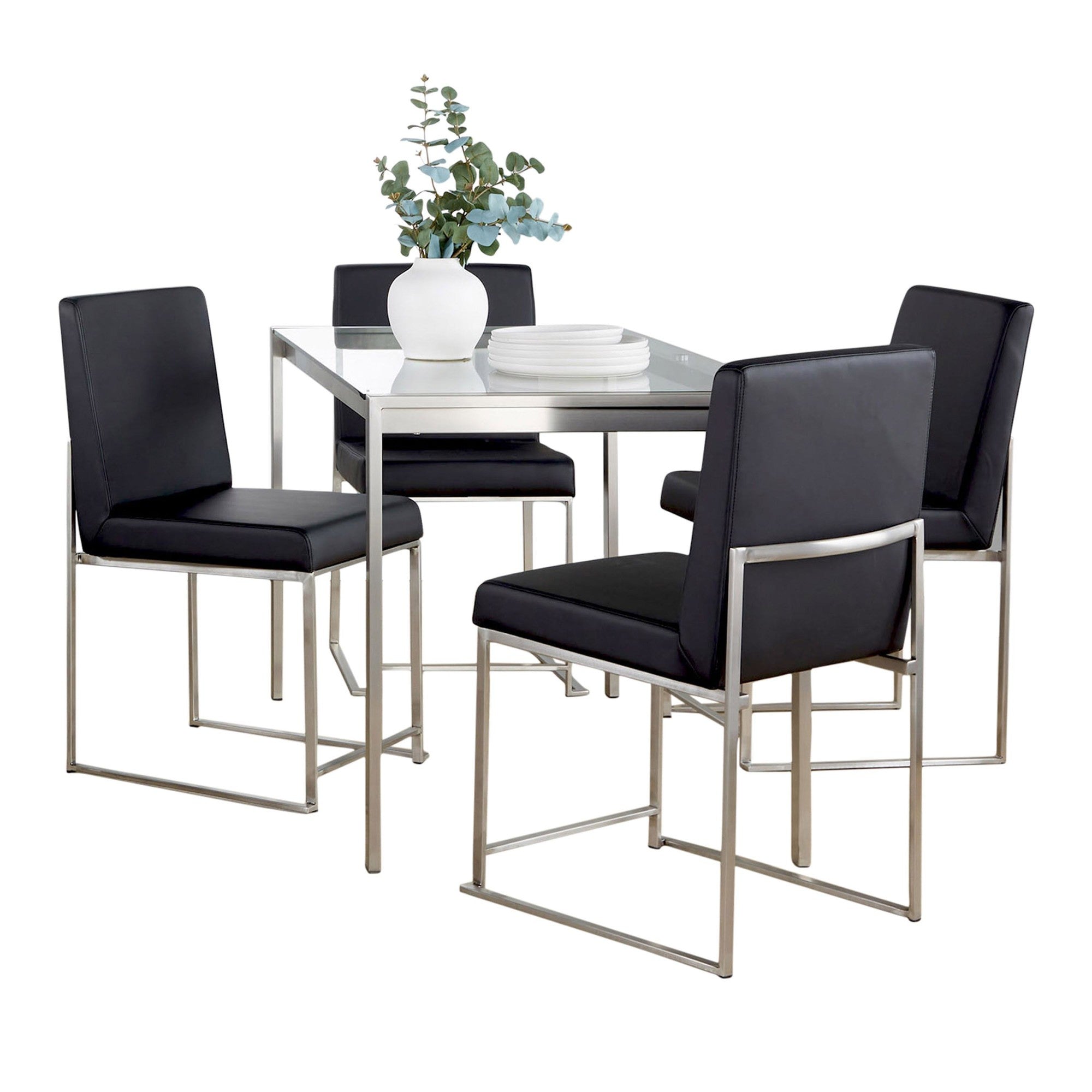 Fuji High Back Dining Set - 5 Piece - Brushed Stainless Steel, Clear Glass, Black PU
