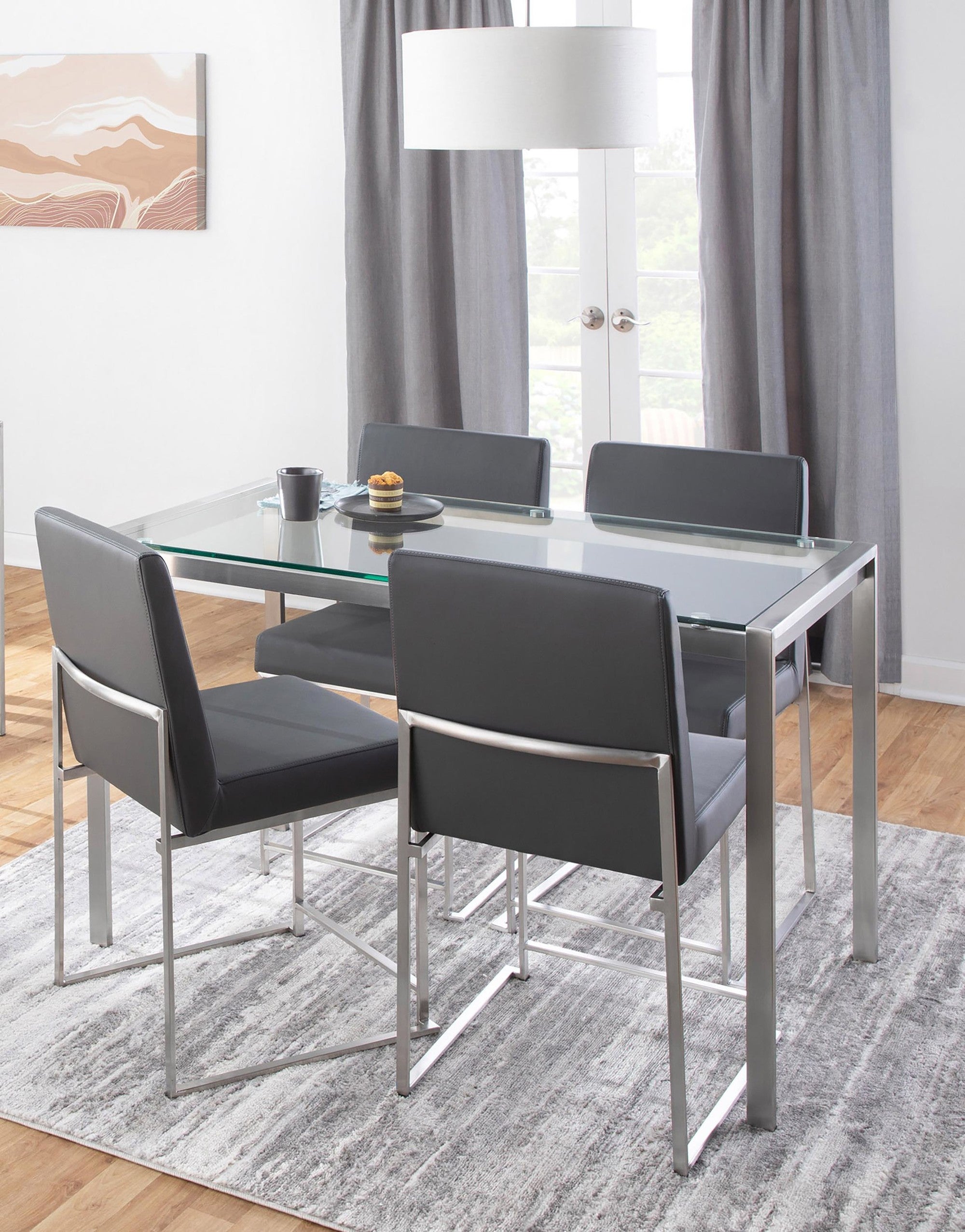 Fuji High Back Dining Set - 5 Piece - Brushed Stainless Steel, Clear Glass, Grey PU