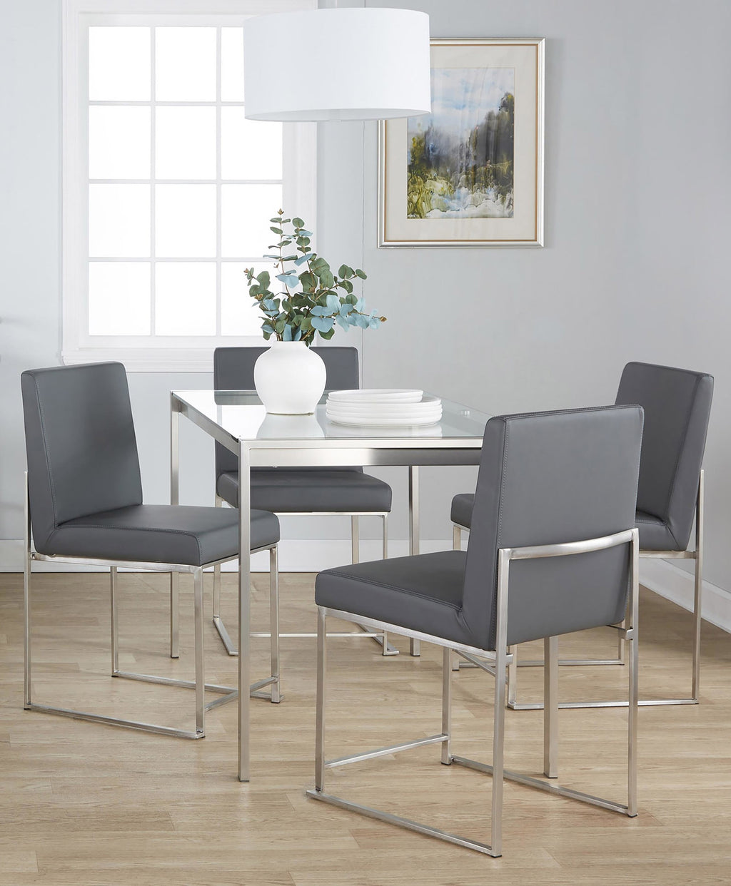 Fuji High Back Dining Set - 5 Piece - Brushed Stainless Steel, Clear Glass, Grey PU