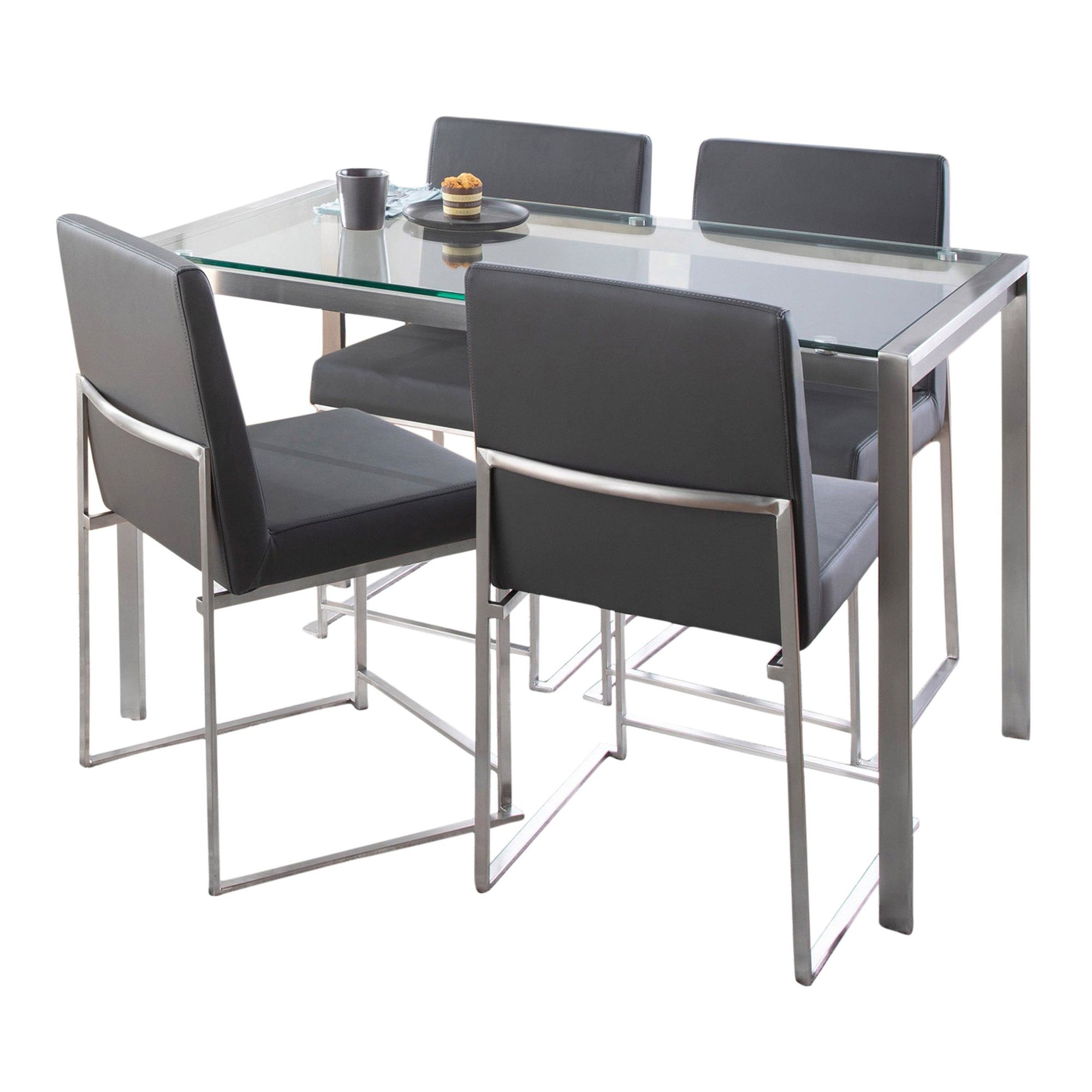 Fuji High Back Dining Set - 5 Piece - Brushed Stainless Steel, Clear Glass, Grey PU