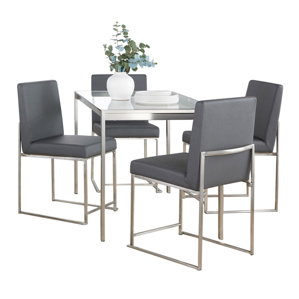 Fuji High Back Dining Set - 5 Piece - Brushed Stainless Steel, Clear Glass, Grey PU