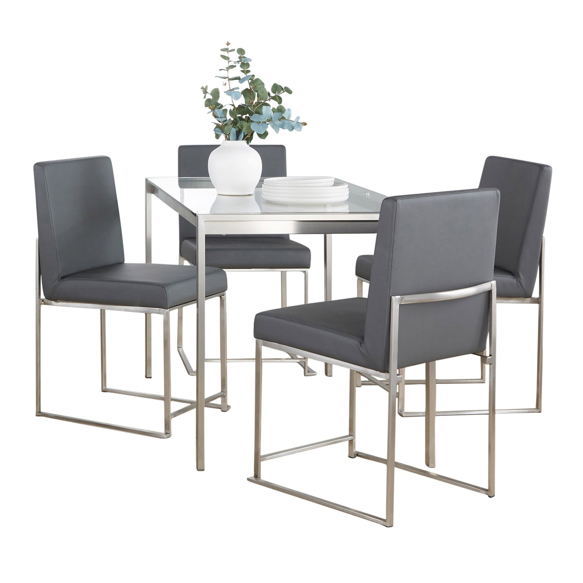 Fuji High Back Dining Set - 5 Piece - Brushed Stainless Steel, Clear Glass, Grey PU