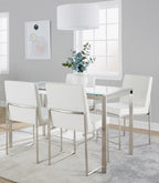Fuji High Back Dining Set - 5 Piece - Brushed Stainless Steel, Clear Glass, White PU