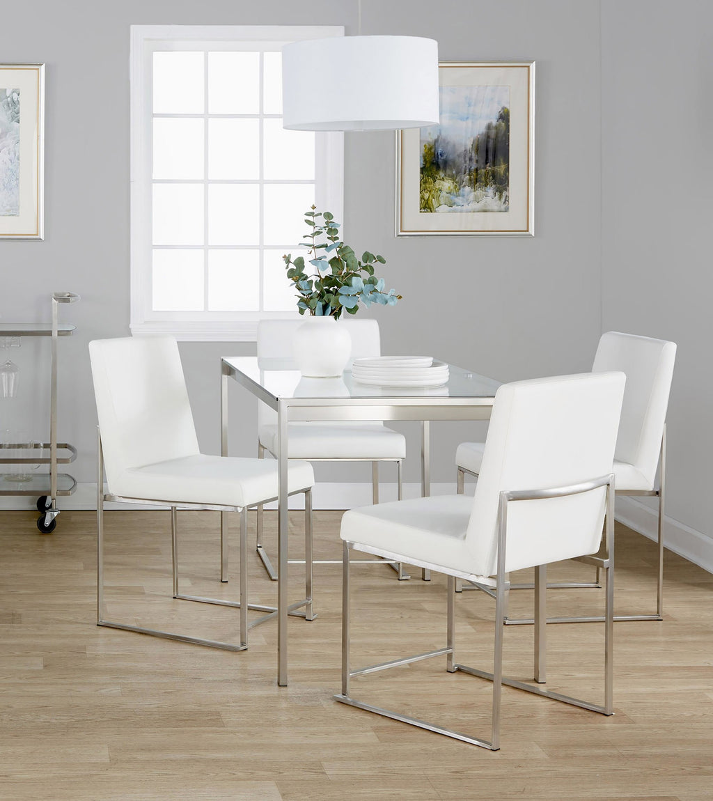 Fuji High Back Dining Set - 5 Piece - Brushed Stainless Steel, Clear Glass, White PU