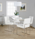 Fuji High Back Dining Set - 5 Piece - Brushed Stainless Steel, Clear Glass, White PU