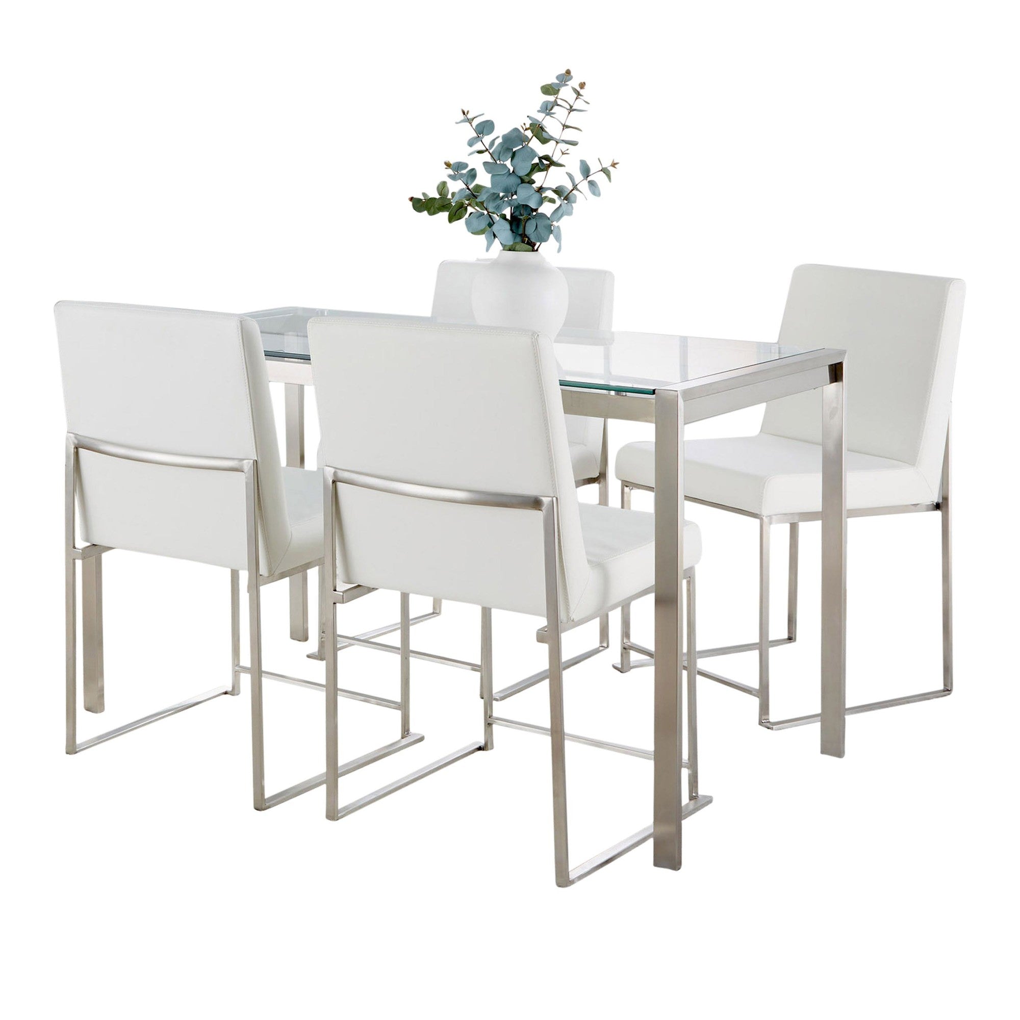 Fuji High Back Dining Set - 5 Piece - Brushed Stainless Steel, Clear Glass, White PU