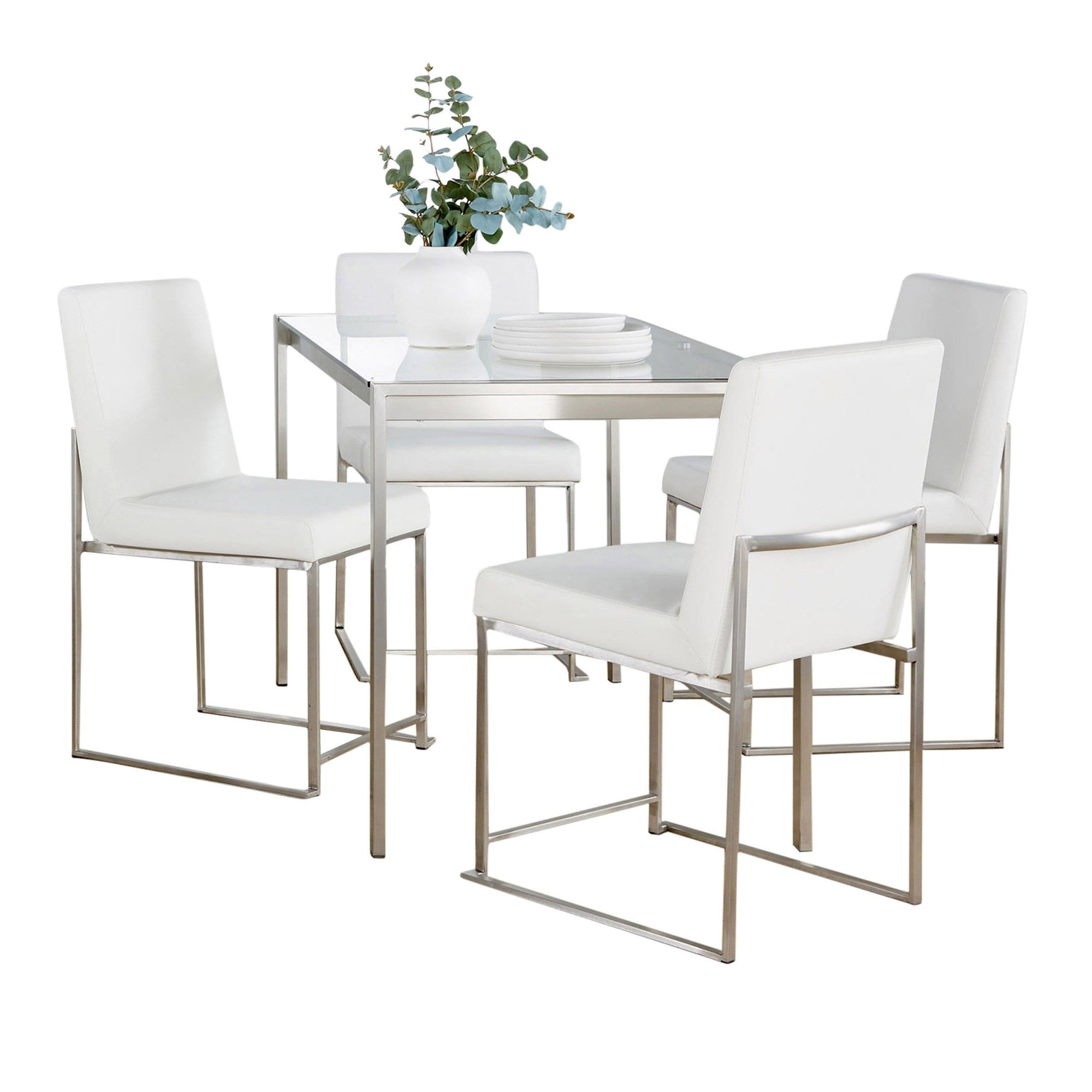 Fuji High Back Dining Set - 5 Piece - Brushed Stainless Steel, Clear Glass, White PU