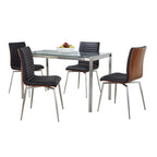 Fuji-mason Swivel Dining Set - 5 Piece - Brushed Stainless Steel, Clear Glass, Walnut Wood, Black PU