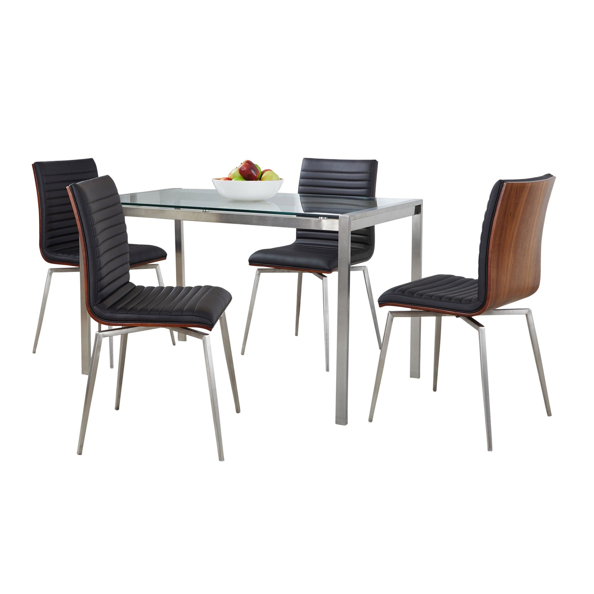 Fuji-mason Swivel Dining Set - 5 Piece - Brushed Stainless Steel, Clear Glass, Walnut Wood, Black PU