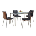 Fuji-mason Swivel Dining Set - 5 Piece - Brushed Stainless Steel, Clear Glass, Walnut Wood, Black PU