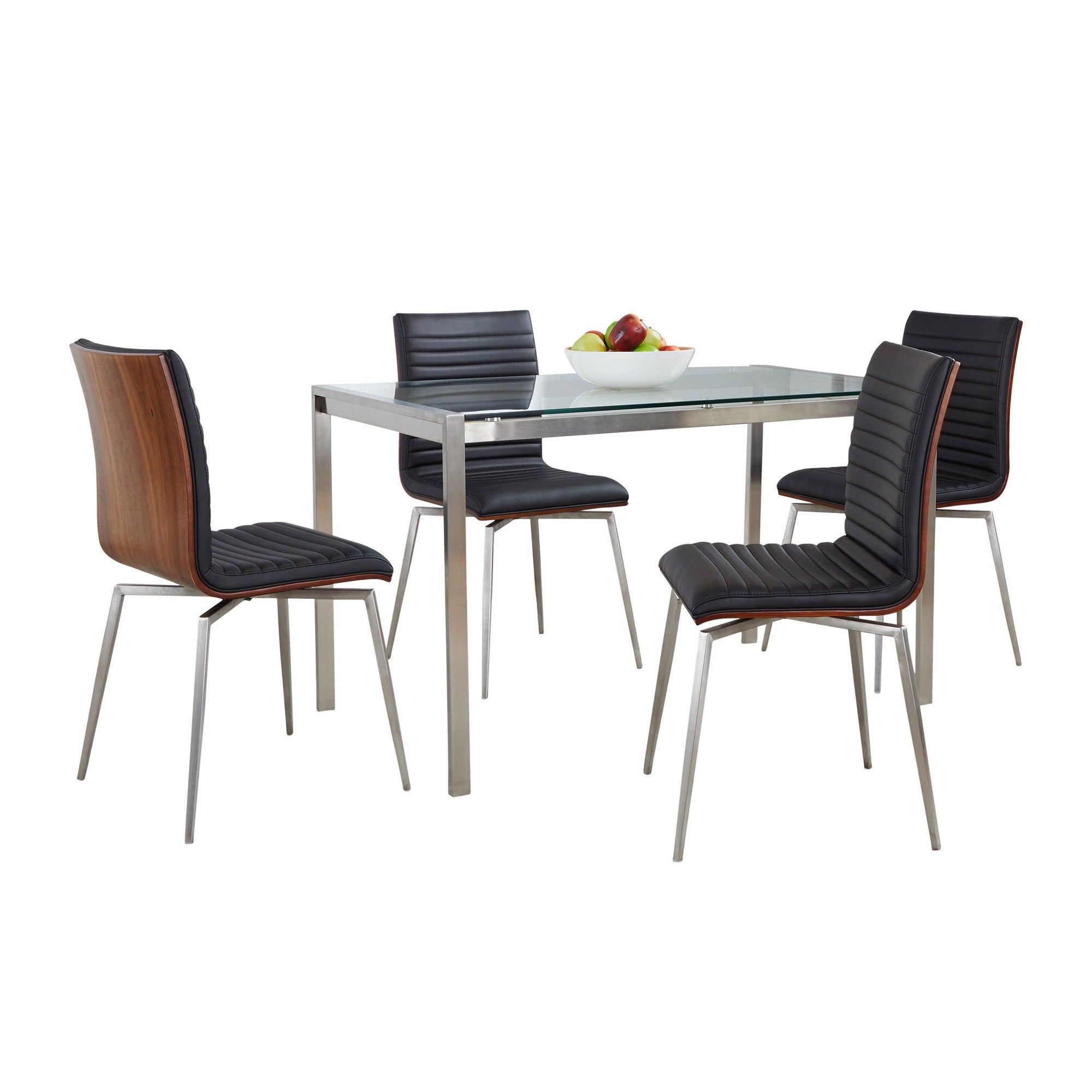 Fuji-mason Swivel Dining Set - 5 Piece - Brushed Stainless Steel, Clear Glass, Walnut Wood, Black PU