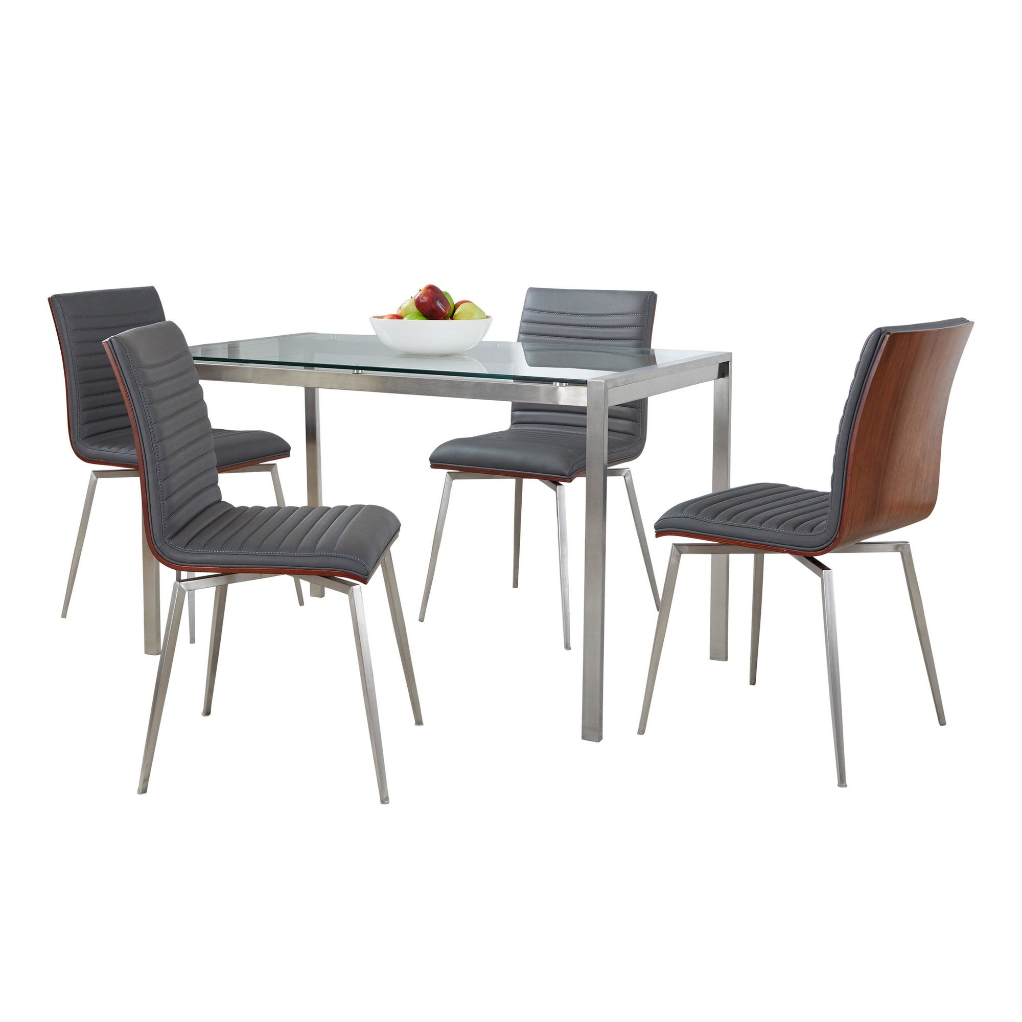 Fuji-mason Swivel Dining Set - 5 Piece - Brushed Stainless Steel, Clear Glass, Walnut Wood, Grey PU