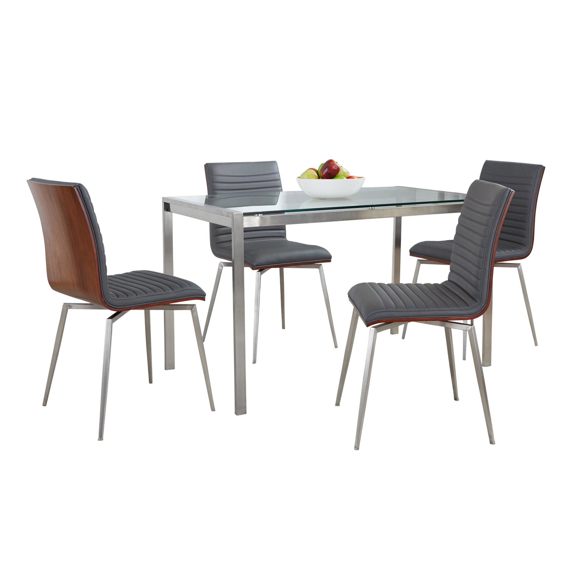 Fuji-mason Swivel Dining Set - 5 Piece - Brushed Stainless Steel, Clear Glass, Walnut Wood, Grey PU
