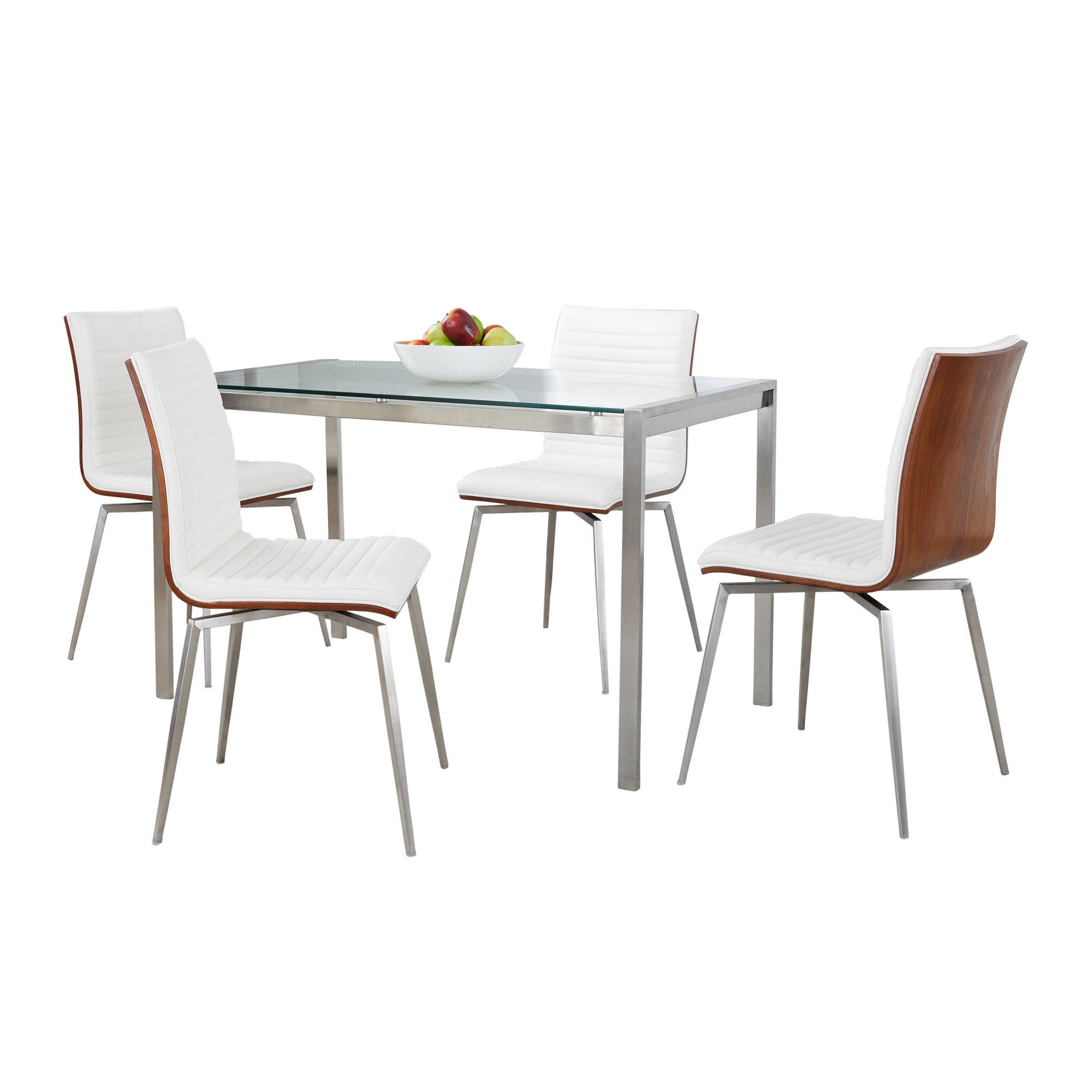 Fuji-mason Swivel Dining Set - 5 Piece - Brushed Stainless Steel, Clear Glass, Walnut Wood, White PU