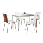 Fuji-mason Swivel Dining Set - 5 Piece - Brushed Stainless Steel, Clear Glass, Walnut Wood, White PU