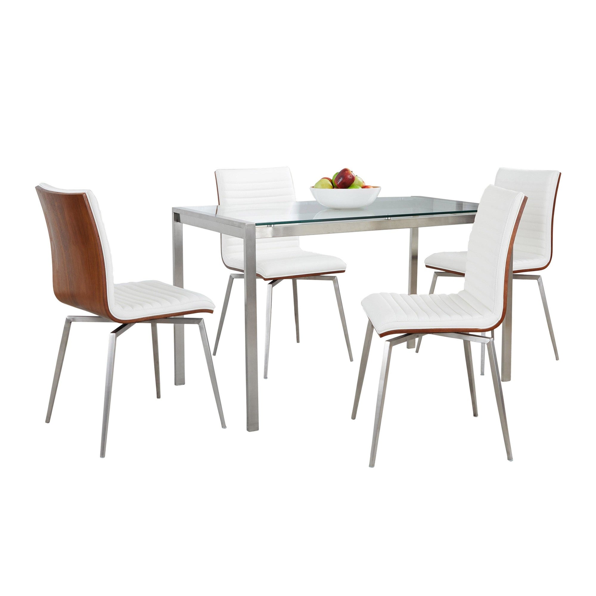 Fuji-mason Swivel Dining Set - 5 Piece - Brushed Stainless Steel, Clear Glass, Walnut Wood, White PU