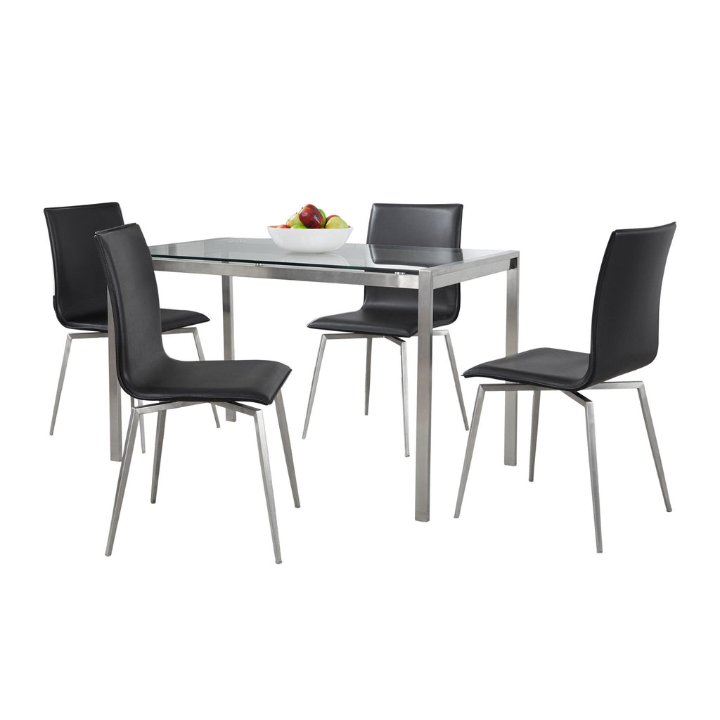 Fuji-mason Upholstered Swivel Dining Set - 5 Piece - Brushed Stainless Steel, Clear Glass, Black PU