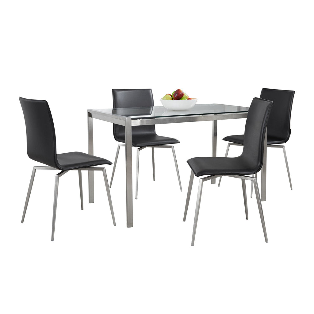 Fuji-mason Upholstered Swivel Dining Set - 5 Piece - Brushed Stainless Steel, Clear Glass, Black PU