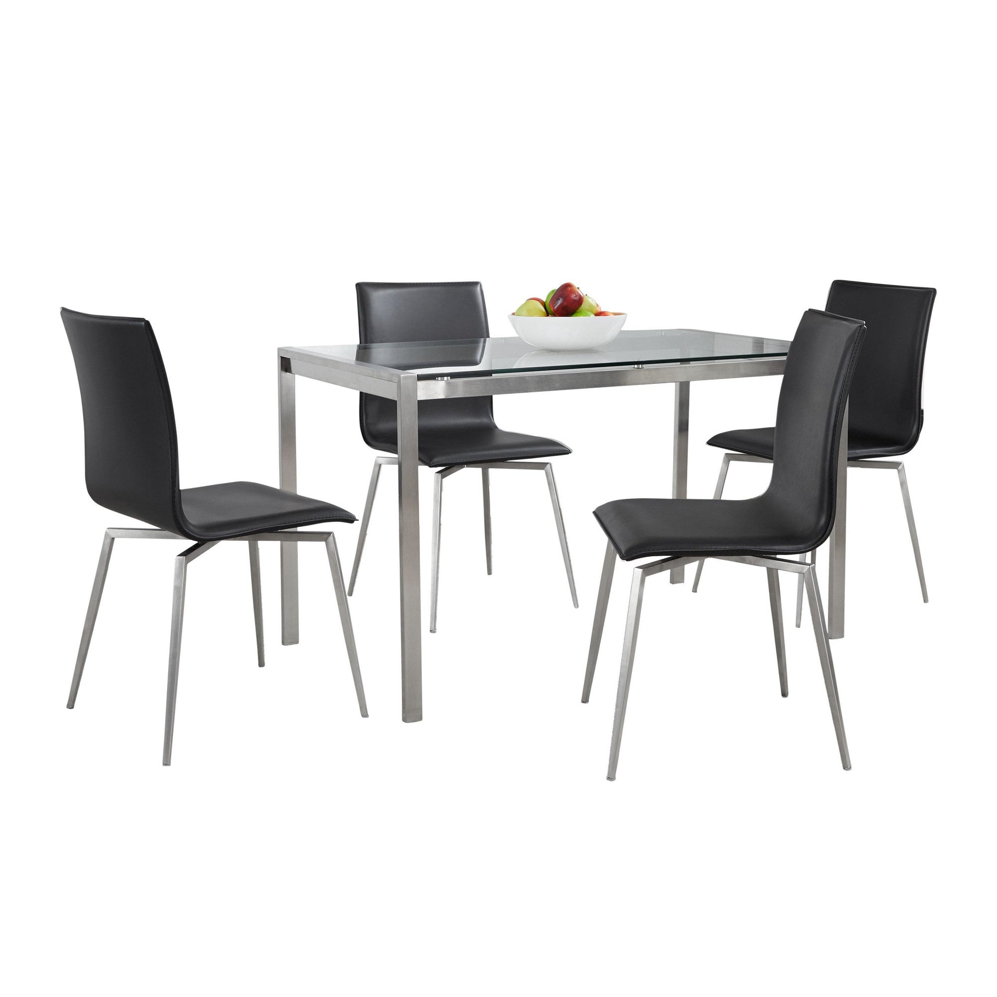 Fuji-mason Upholstered Swivel Dining Set - 5 Piece - Brushed Stainless Steel, Clear Glass, Black PU