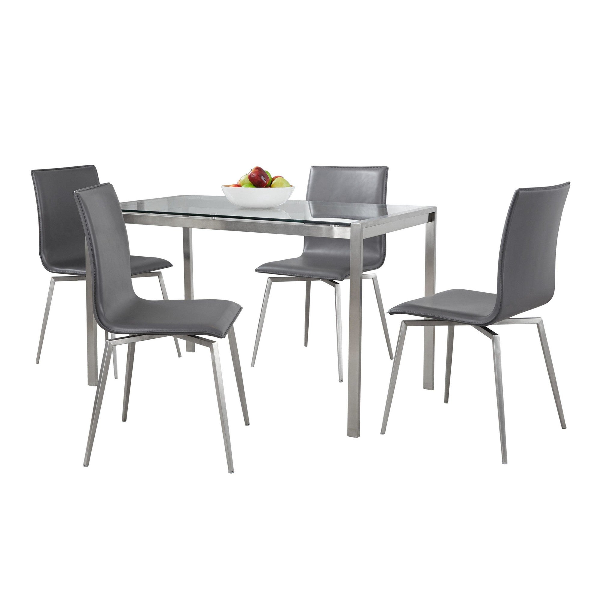 Fuji-mason Upholstered Swivel Dining Set - 5 Piece - Brushed Stainless Steel, Clear Glass, Grey PU