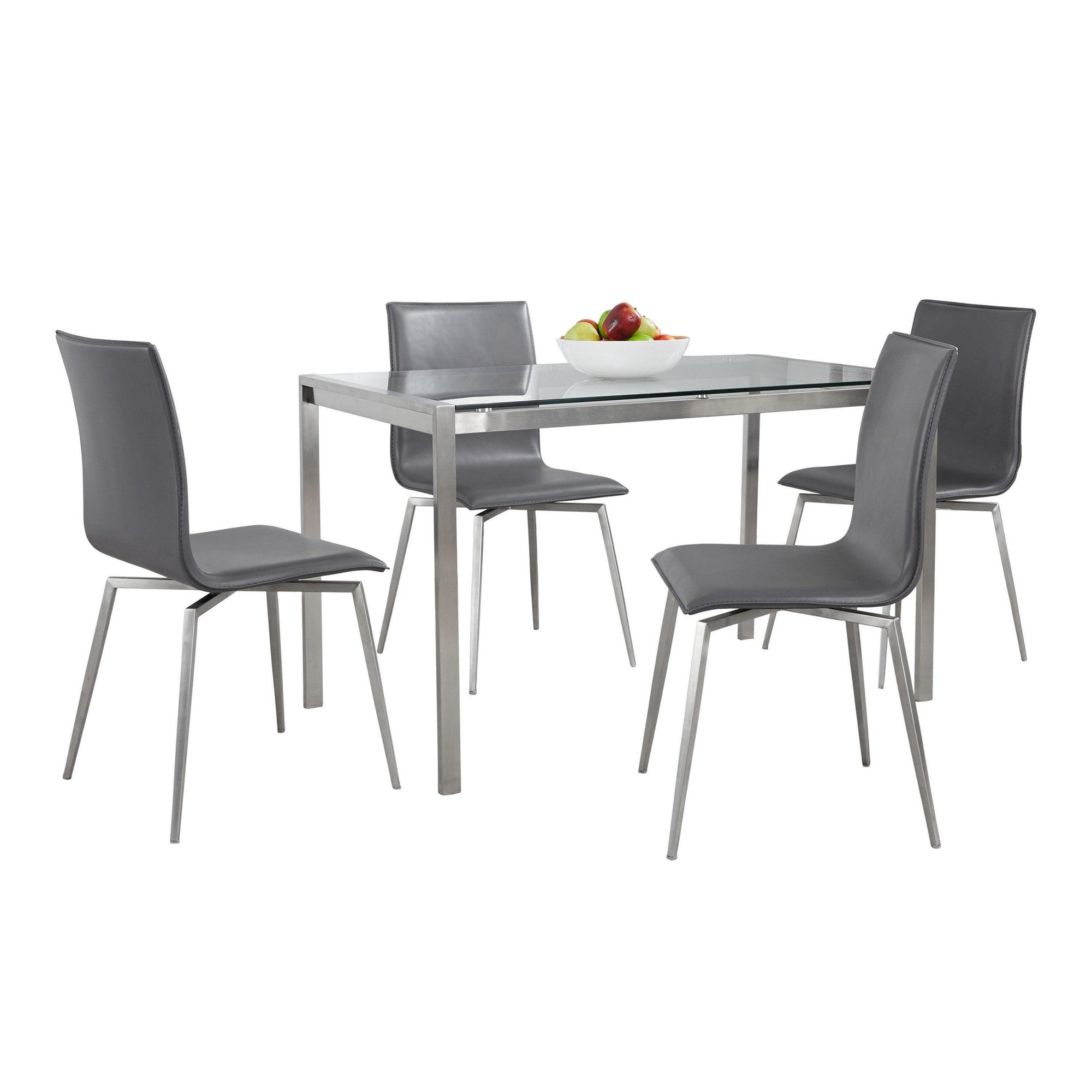 Fuji-mason Upholstered Swivel Dining Set - 5 Piece - Brushed Stainless Steel, Clear Glass, Grey PU