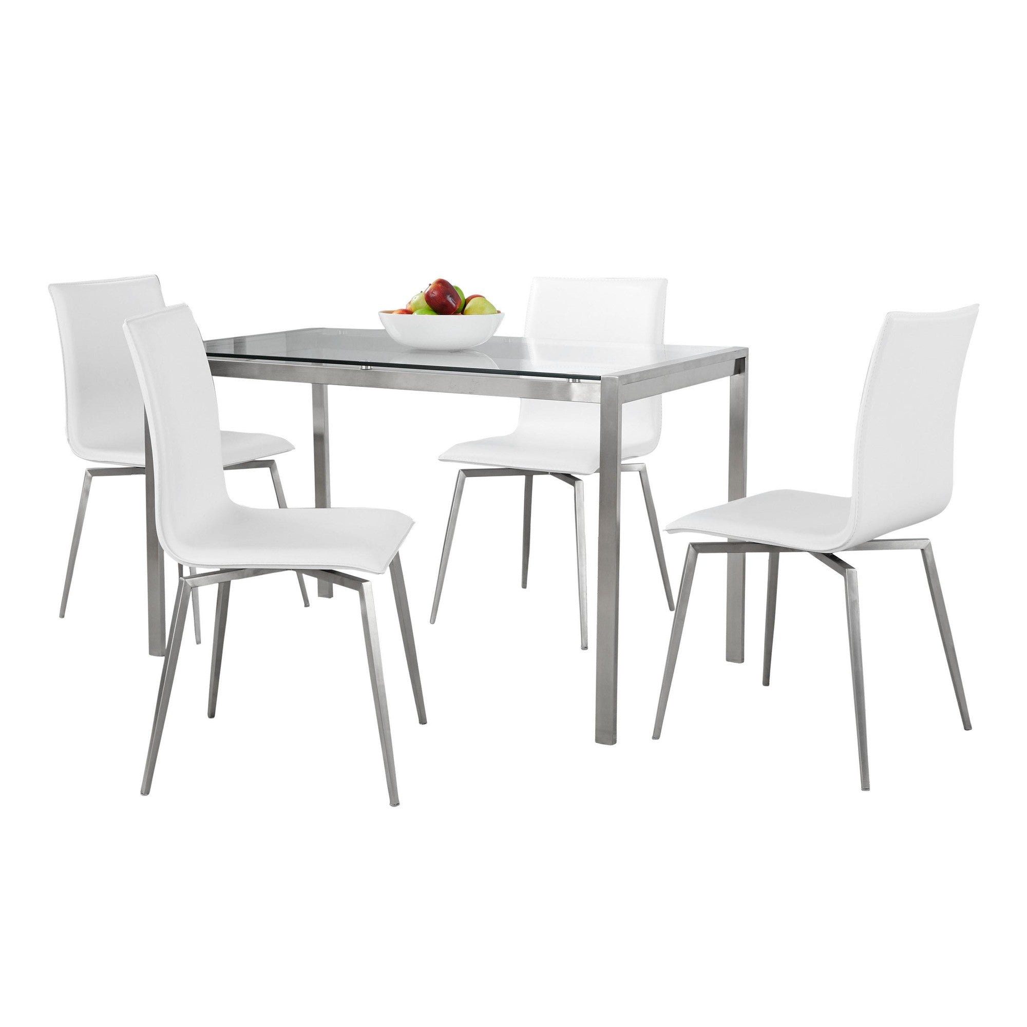 Fuji-mason Upholstered Swivel Dining Set - 5 Piece - Brushed Stainless Steel, Clear Glass, White PU