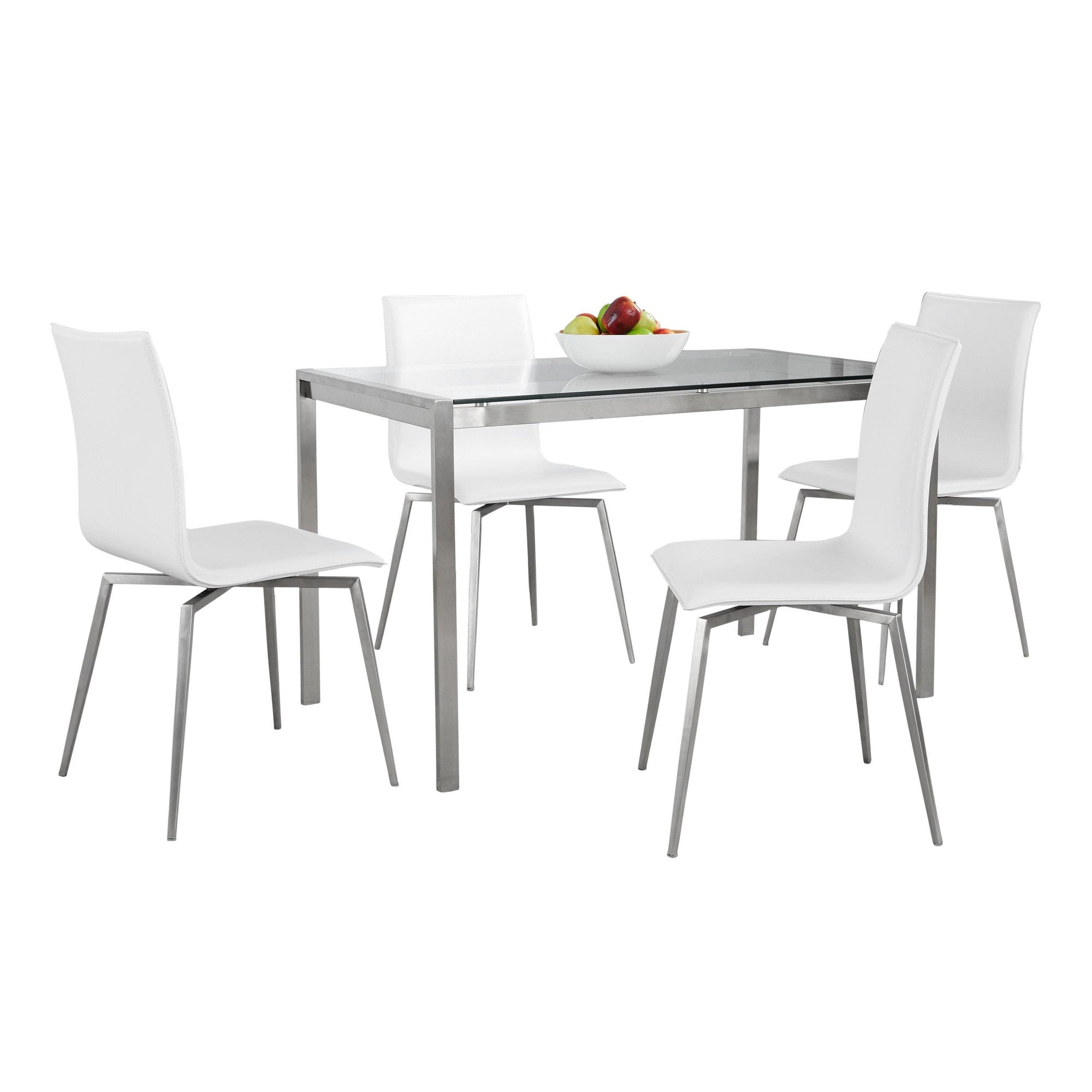 Fuji-mason Upholstered Swivel Dining Set - 5 Piece - Brushed Stainless Steel, Clear Glass, White PU