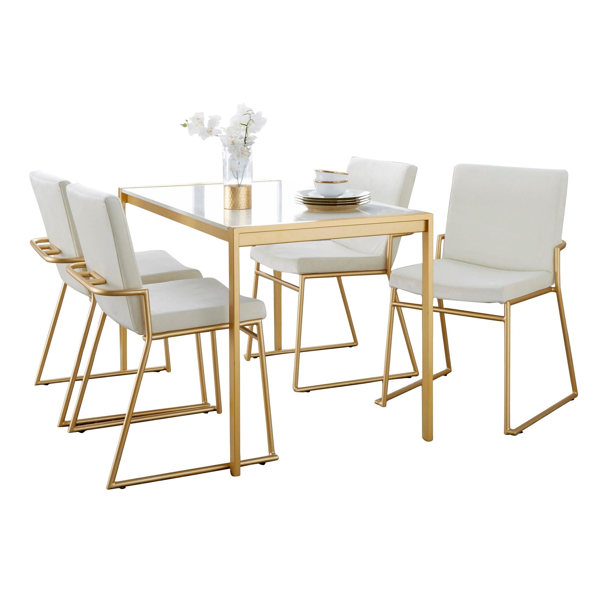 Fuji-dutchess Dining Set - 5 Piece - Gold Metal, White Marble, Cream Velvet