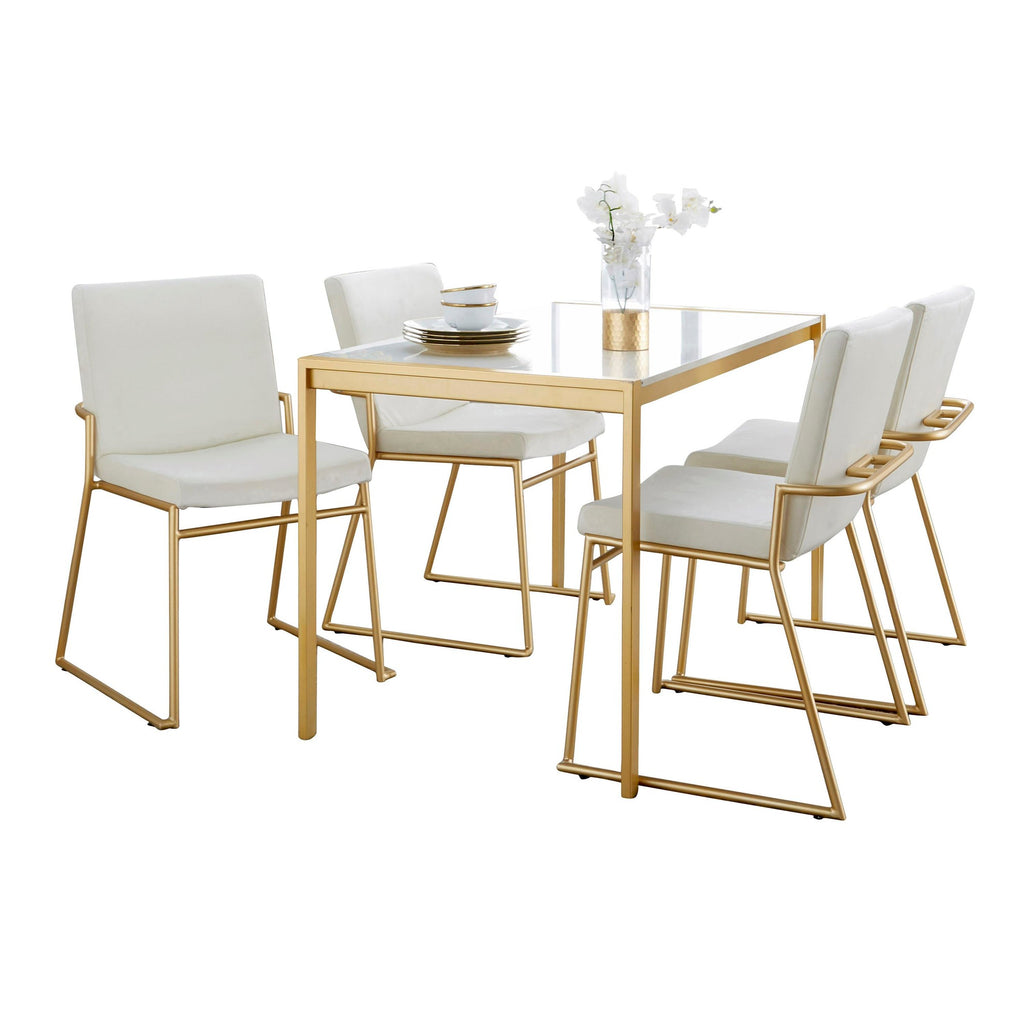 Fuji-dutchess Dining Set - 5 Piece - Gold Metal, White Marble, Cream Velvet