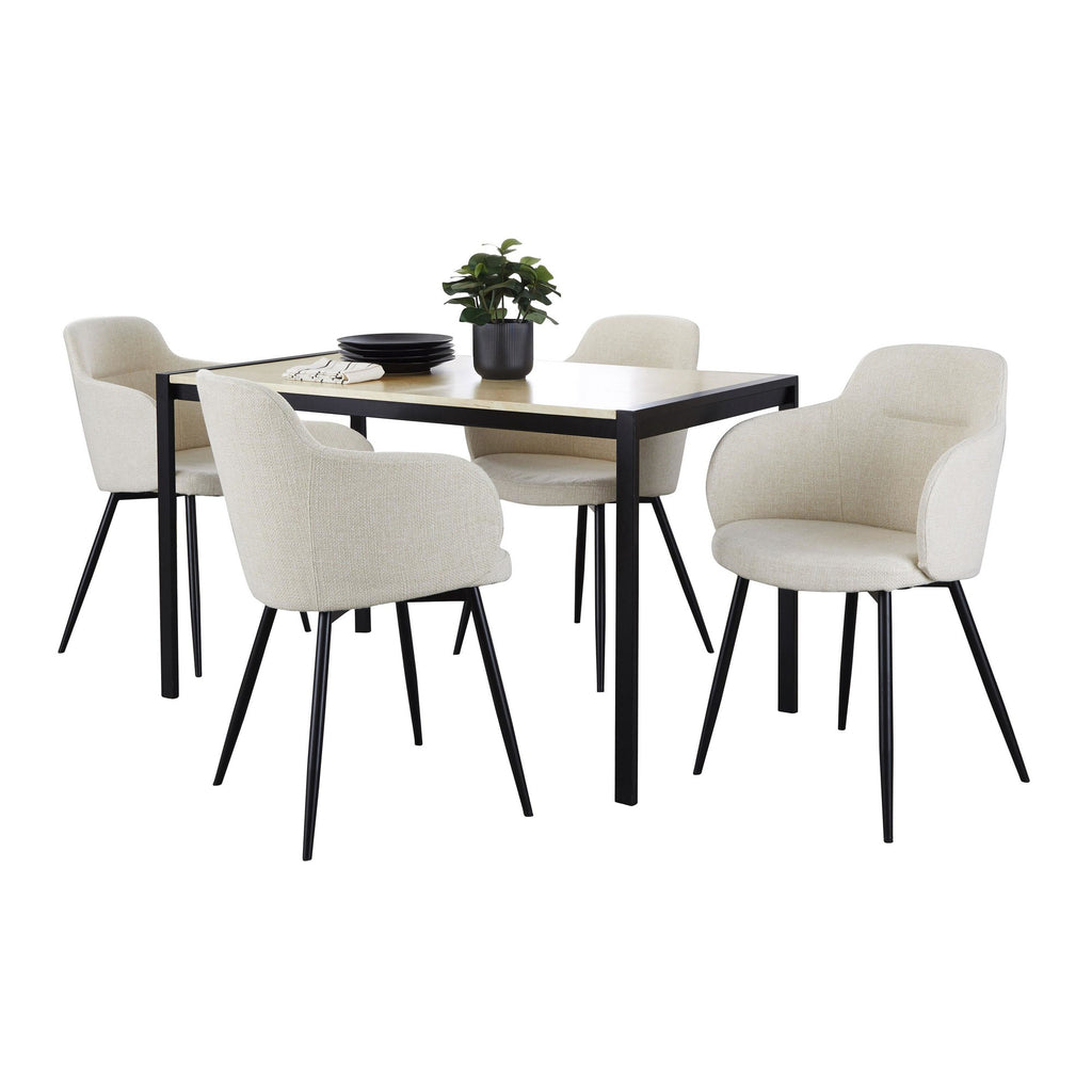 Fuji-boyne Dining Set - 5 Piece - Black Metal, Natural Wood, Cream Noise Fabric