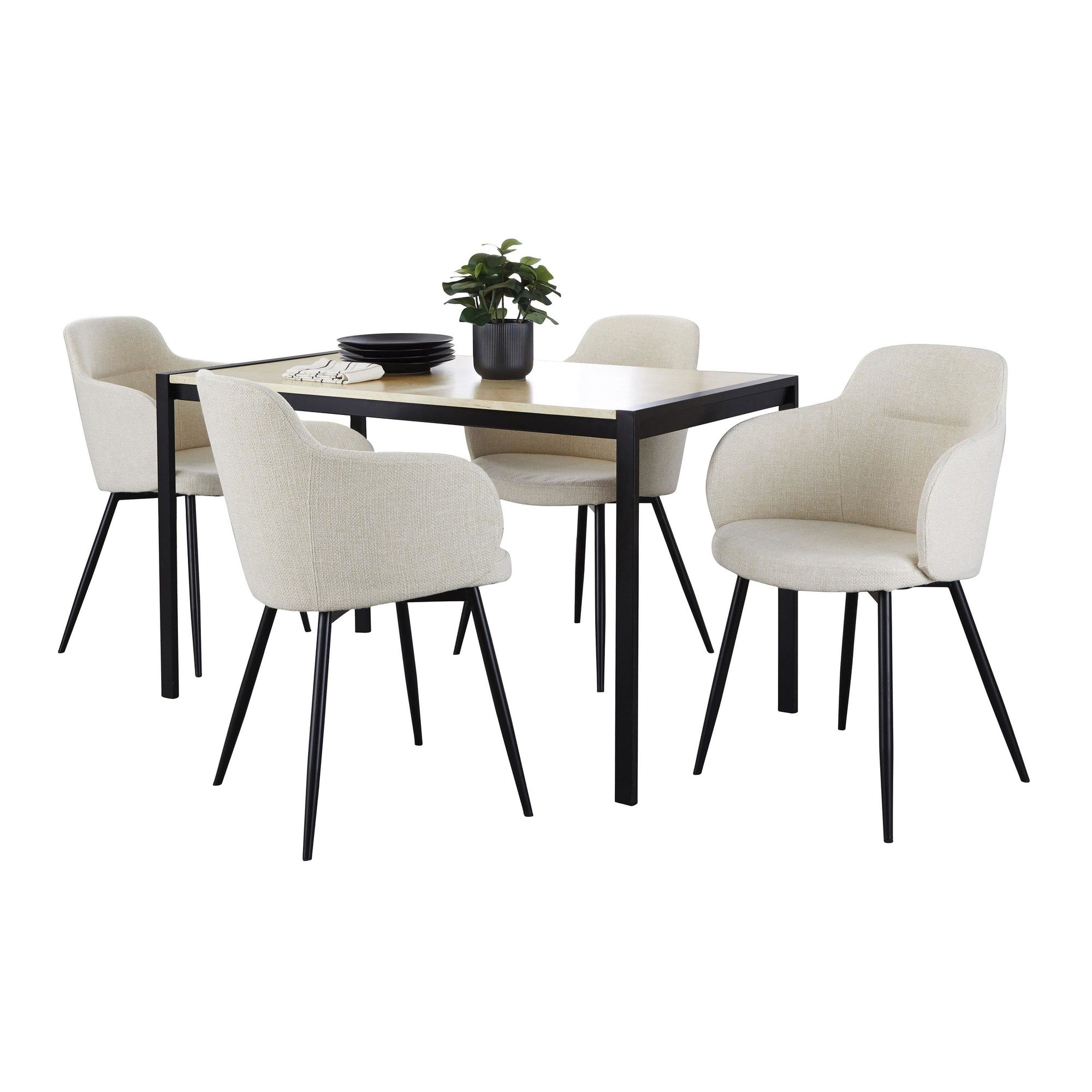 Fuji-boyne Dining Set - 5 Piece - Black Metal, Natural Wood, Cream Noise Fabric