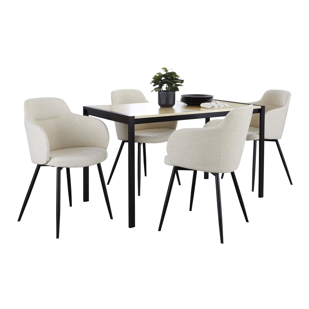 Fuji-boyne Dining Set - 5 Piece - Black Metal, Natural Wood, Cream Noise Fabric