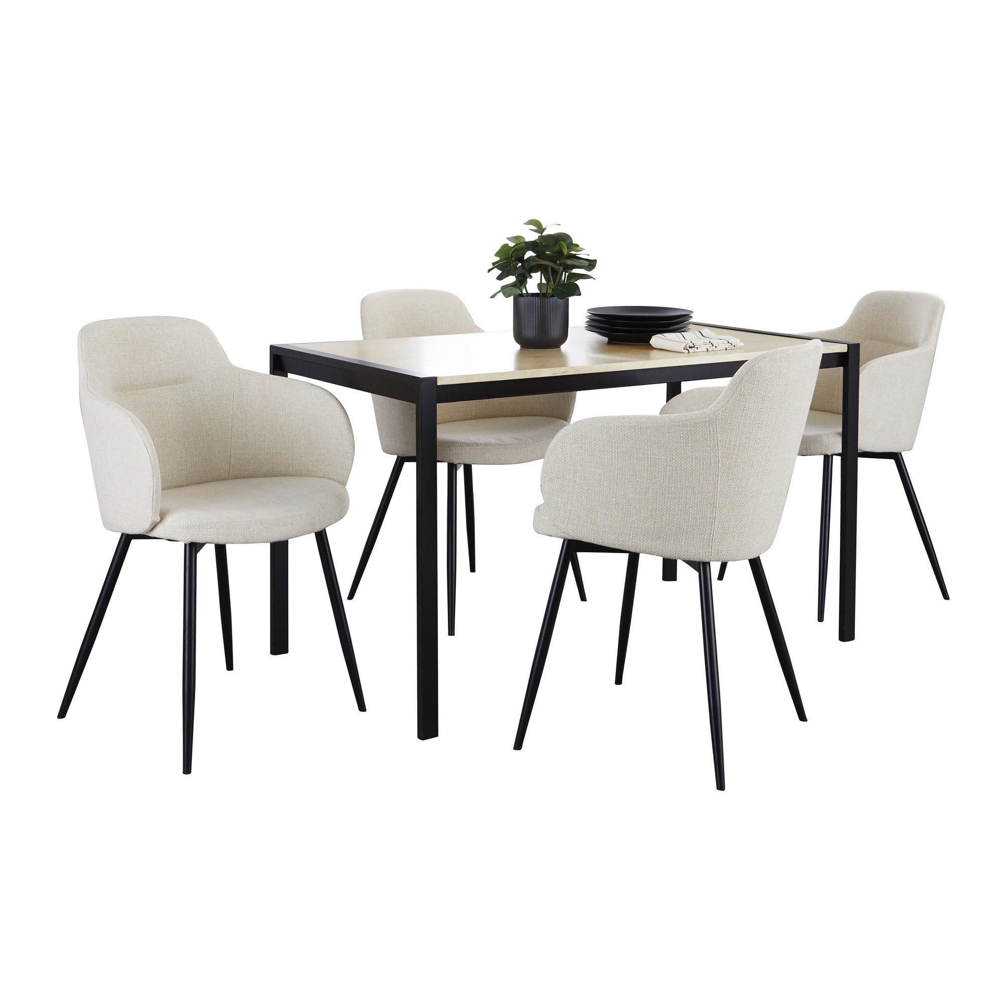 Fuji-boyne Dining Set - 5 Piece - Black Metal, Natural Wood, Cream Noise Fabric