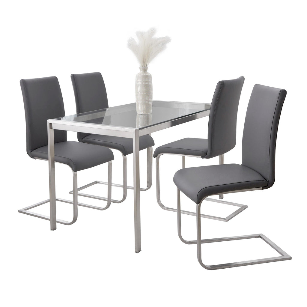 Fuji-foster Dining Set - 5 Piece - Brushed Stainless Steel, Clear Glass, Grey PU