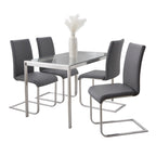 Fuji-foster Dining Set - 5 Piece - Brushed Stainless Steel, Clear Glass, Grey PU