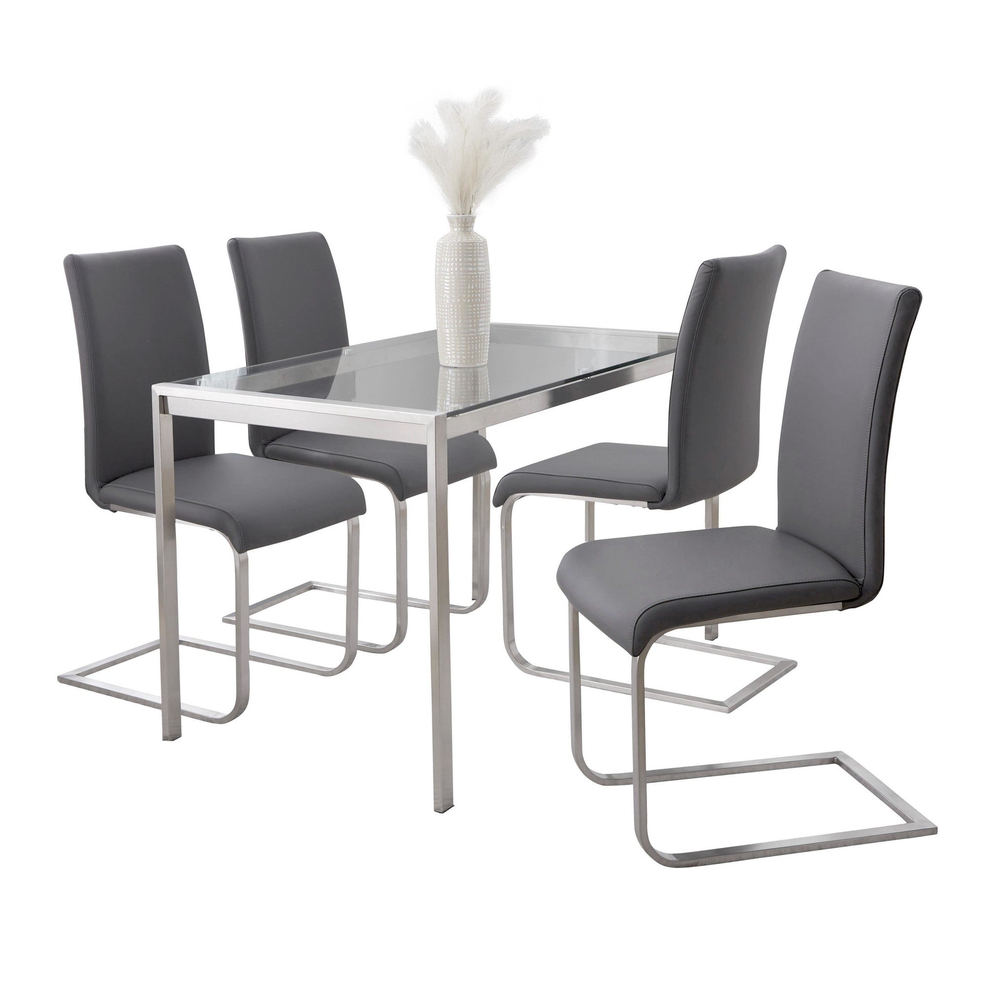 Fuji-foster Dining Set - 5 Piece - Brushed Stainless Steel, Clear Glass, Grey PU