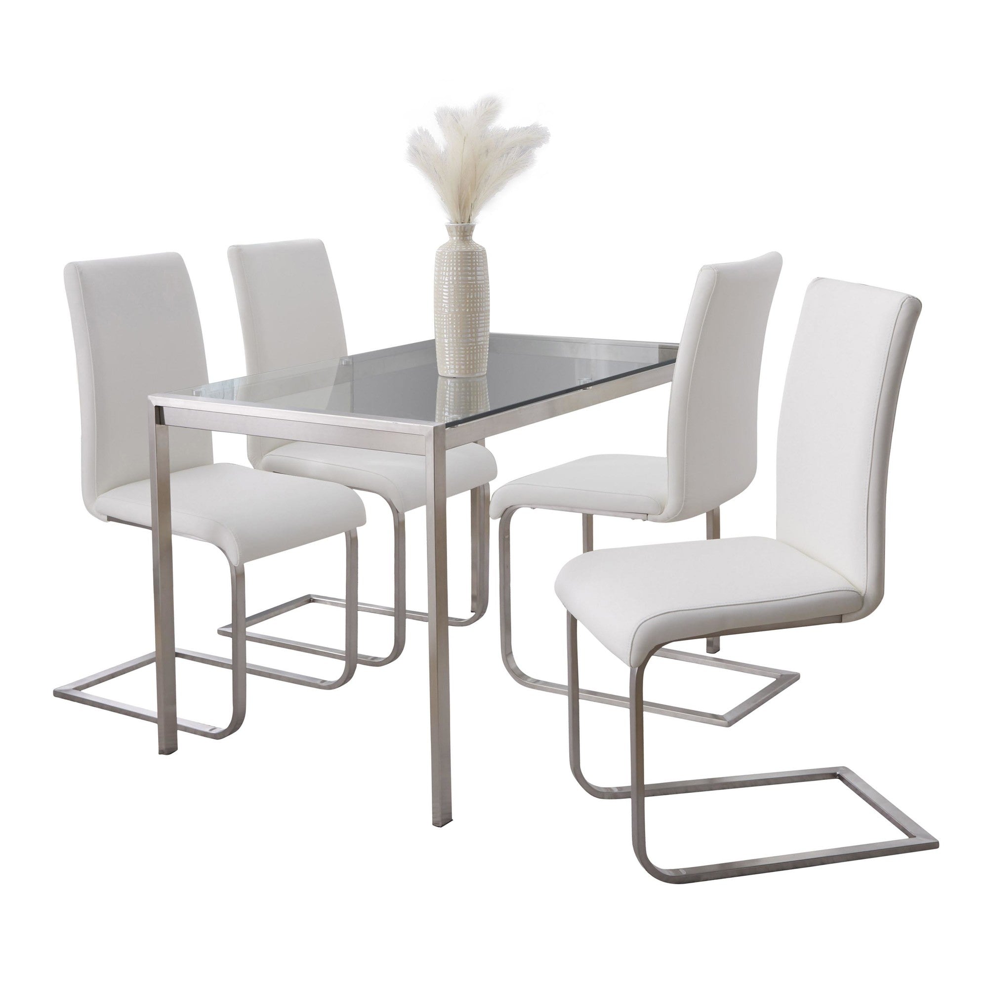Fuji-foster Dining Set - 5 Piece - Brushed Stainless Steel, Clear Glass, White PU