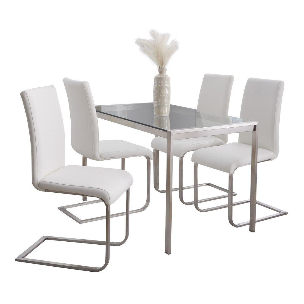 Fuji-foster Dining Set - 5 Piece - Brushed Stainless Steel, Clear Glass, White PU