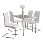 Fuji-foster Dining Set - 5 Piece - Brushed Stainless Steel, Clear Glass, White PU