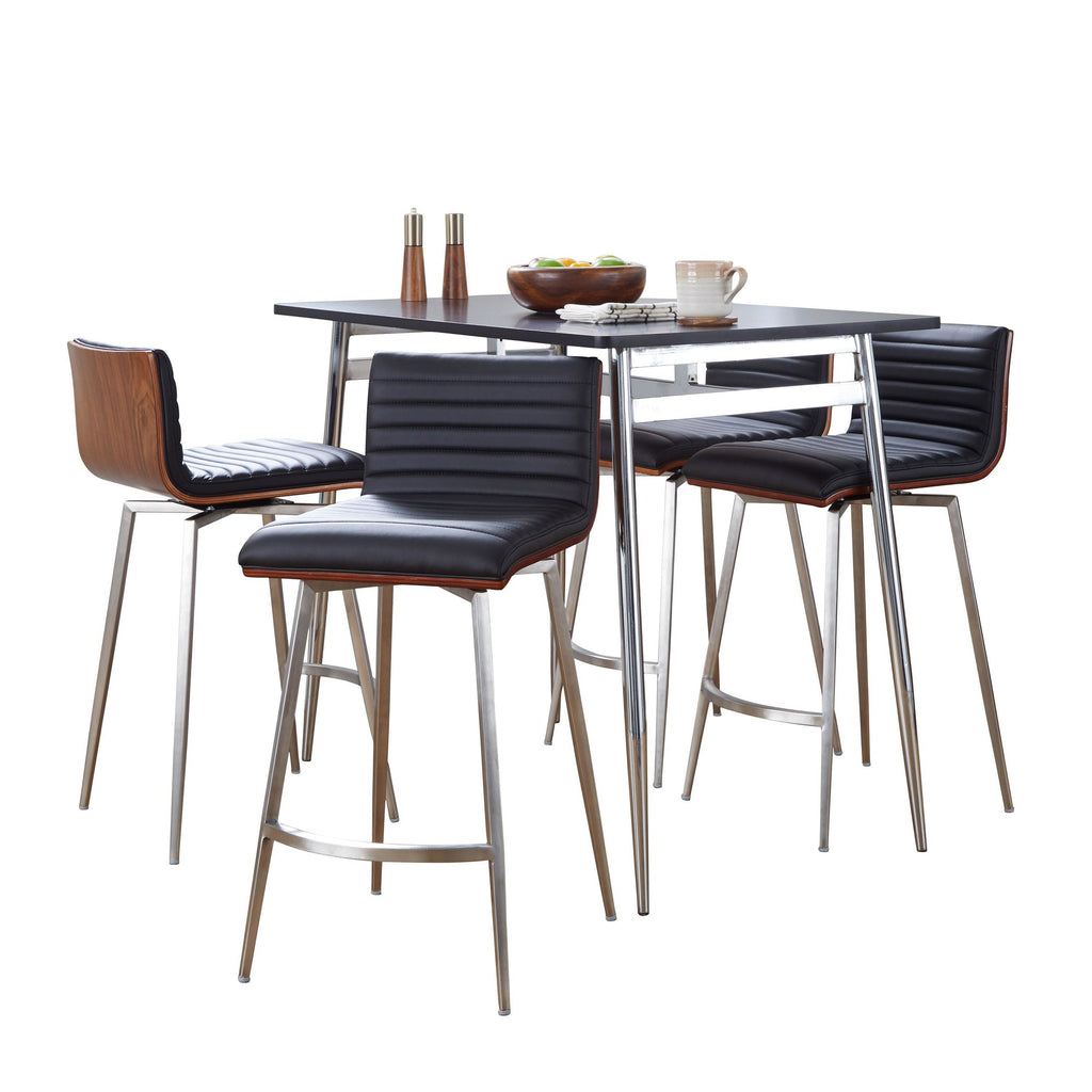 Marcel-mason Swivel Counter Height Dining Set - 5 Piece - Chrome Metal, Black Wood, Walnut Wood, Black PU, Stainless Steel
